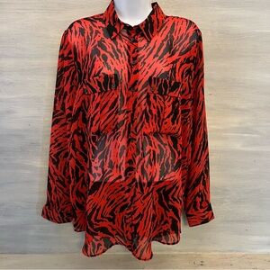 Mint Velvet Red Black Zebra Print Sheer‎ Button Down Blouse Size 16 Like New